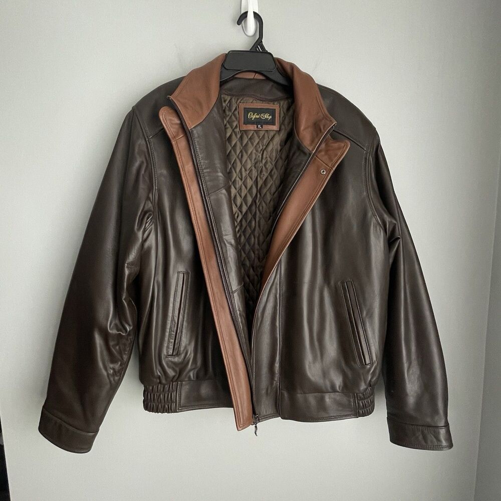 Oxford Shop Leather Jacket  Size XL Brown Full-Zip Quilted Zip Out Liner Bomber